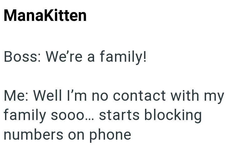 ManaKitten Boss: We're a family! Me: Well I'm no contact with my family sooo... starts blocking numbers on phone