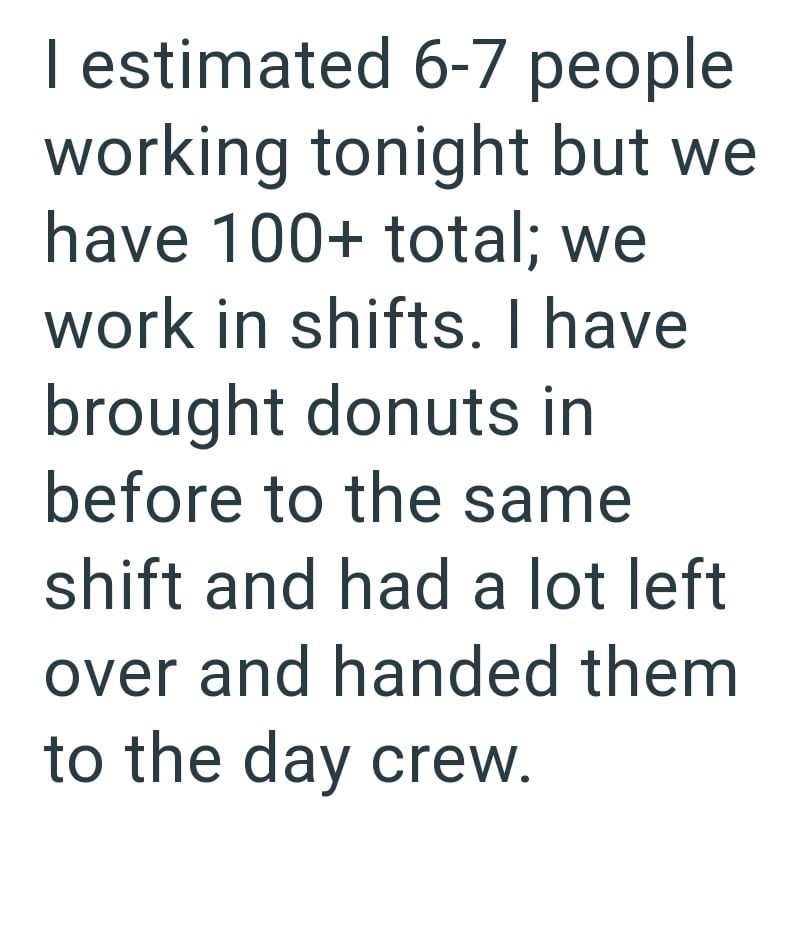 I estimated 6-7 people working tonight but we have 100+ total; we work in shifts. I have brought donuts in before to the same shift and had a lot left over and handed them to the day crew.