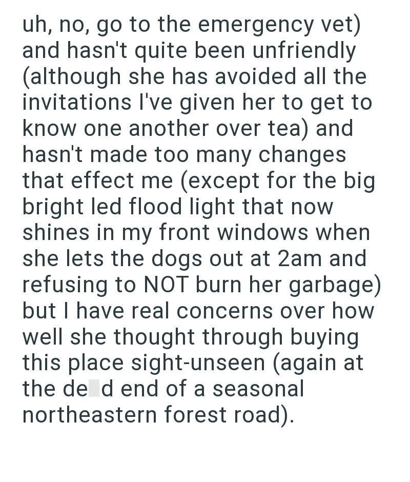 uh, no, go to the emergency vet) and hasn't quite been unfriendly (although she has avoided all the invitations I've given her to get to know one another over tea) and hasn't made too many changes that effect me (except for the big bright led flood light that now shines in my front windows when she lets the dogs out at 2am and refusing to NOT burn her garbage) but I have real concerns over how well she thought through buying this place sight-unseen (again at the de d end of a seasonal northeaste