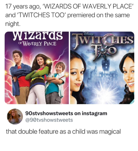 17 years ago, 'WIZARDS OF WAVERLY PLACE' and 'TWITCHES TOO' premiered on the same night. Wizards OF WAVERLY PLACE DISNEY JWITCHIES 90stvshowstweets on instagram @90tvshowstweets that double feature as a child was magical