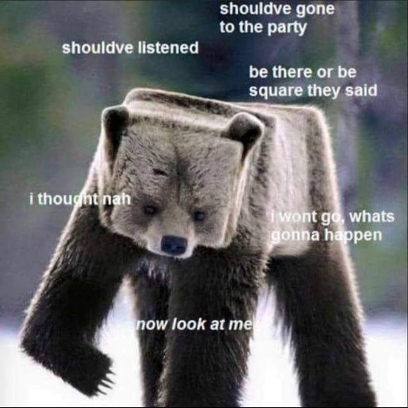 shouldve listened shouldve gone to the party be there or be square they said i thought nah now look at me i wont go, whats gonna happen