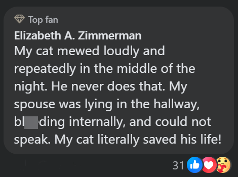 Top fan Elizabeth A. Zimmerman My cat mewed loudly and repeatedly in the middle of the night. He never does that. My spouse was lying in the hallway, bl ding internally, and could not speak. My cat literally saved his life! 310b