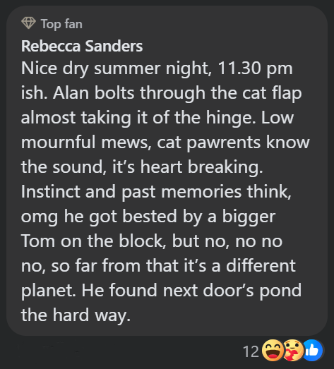 Top fan Rebecca Sanders Nice dry summer night, 11.30 pm ish. Alan bolts through the cat flap almost taking it of the hinge. Low mournful mews, cat pawrents know the sound, it's heart breaking. Instinct and past memories think, omg he got bested by a bigger Tom on the block, but no, no no no, so far from that it's a different planet. He found next door's pond the hard way. 12