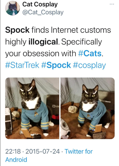 Cat Cosplay @Cat_Cosplay Spock finds Internet customs highly illogical. Specifically your obsession with #Cats. #StarTrek #Spock #cosplay ... LO 22:18 2015-07-24 Twitter for Android OOTCRATE