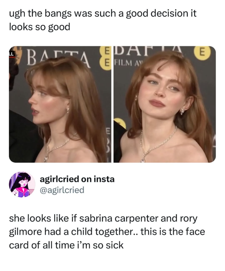ugh the bangs was such a good decision it looks so good EDATA E BATTA FILM AV ΒΑΓΤΑ E 113 agirlcried on insta @agirlcried she looks like if sabrina carpenter and rory gilmore had a child together.. this is the face card of all time i'm so sick