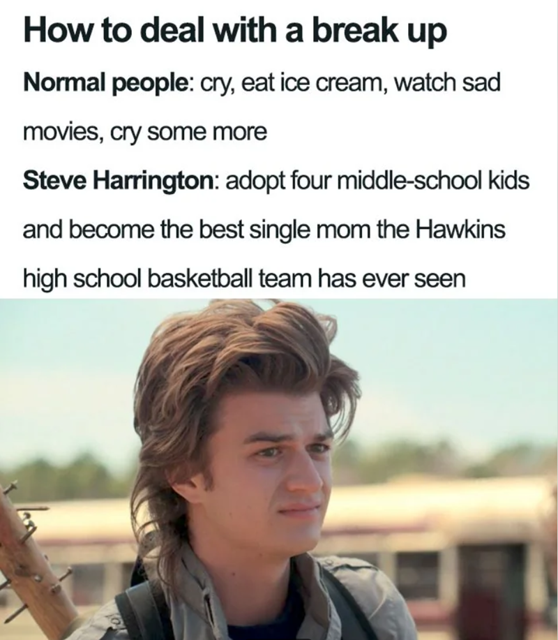How to deal with a break up Normal people: cry, eat ice cream, watch sad movies, cry some more Steve Harrington: adopt four middle-school kids and become the best single mom the Hawkins high school basketball team has ever seen
