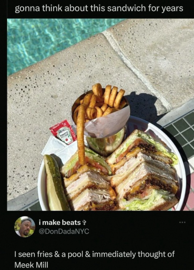 gonna think about this sandwich for years TOMATO i make beats + @DonDadaNYC I seen fries & a pool & immediately thought of Meek Mill