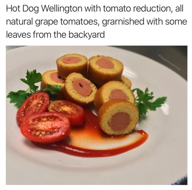 Hot Dog Wellington with tomato reduction, all natural grape tomatoes, grarnished with some leaves from the backyard @boyswhocancook