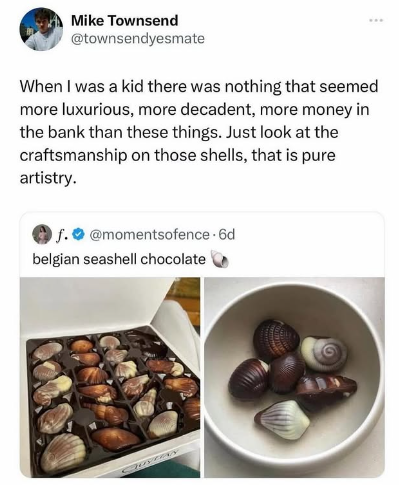 Mike Townsend @townsendyesmate When I was a kid there was nothing that seemed more luxurious, more decadent, more money in the bank than these things. Just look at the craftsmanship on those shells, that is pure artistry. f. @momentsofence. 6d belgian seashell chocolate GuyAY
