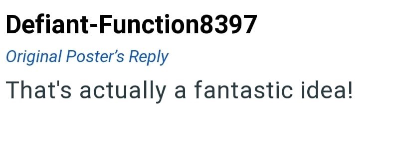 Defiant-Function8397 Original Poster's Reply That's actually a fantastic idea!