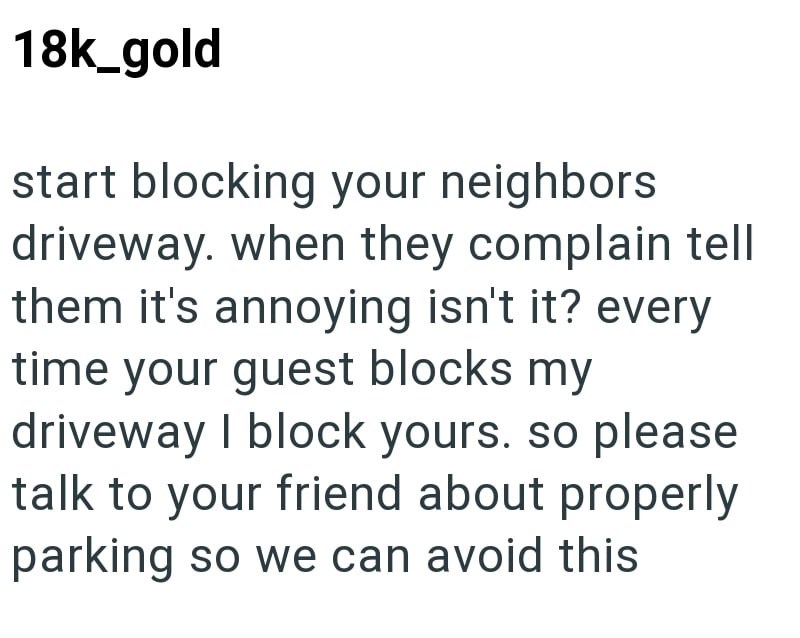 18k_gold start blocking your neighbors driveway. when they complain tell them it's annoying isn't it? every time your guest blocks my driveway I block yours. so please talk to your friend about properly parking so we can avoid this