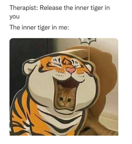 Therapist: Release the inner tiger in you The inner tiger in me:
