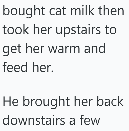 bought cat milk then took her upstairs to get her warm and feed her. He brought her back downstairs a few