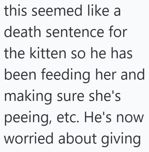 this seemed like a death sentence for the kitten so he has been feeding her and making sure she's peeing, etc. He's now worried about giving