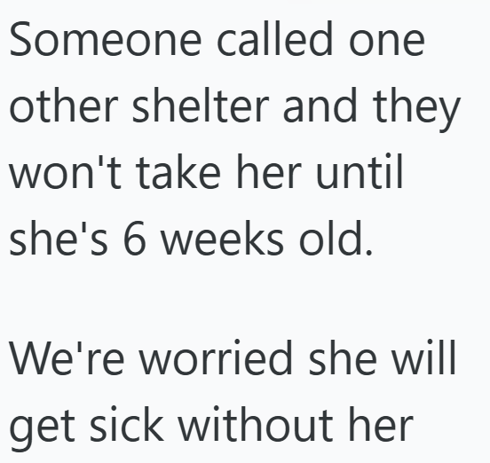 Someone called one other shelter and they won't take her until she's 6 weeks old. We're worried she will get sick without her