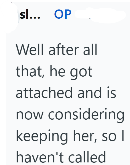 sl... OP Well after all that, he got attached and is now considering keeping her, so I haven't called