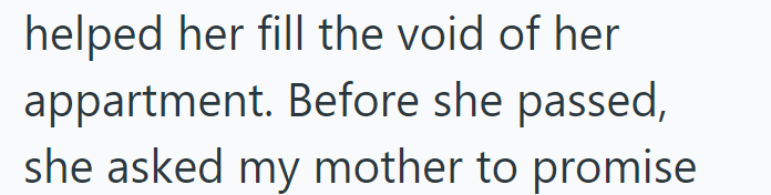helped her fill the void of her appartment. Before she passed, she asked my mother to promise