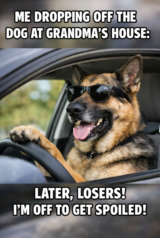 ME DROPPING OFF THE DOG AT GRANDMA'S HOUSE: LATER, LOSERS! I'M OFF TO GET SPOILED!
