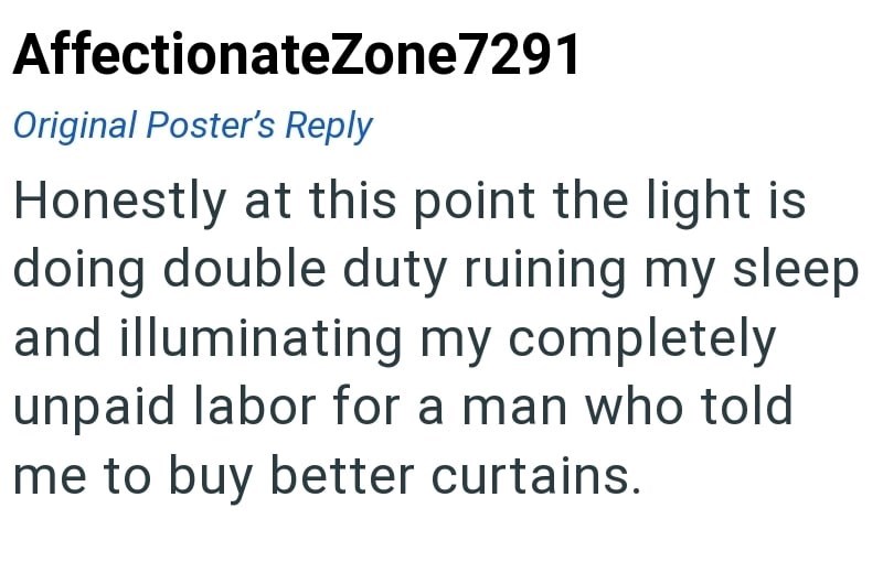 AffectionateZone7291 Original Poster's Reply Honestly at this point the light is doing double duty ruining my sleep and illuminating my completely unpaid labor for a man who told me to buy better curtains.