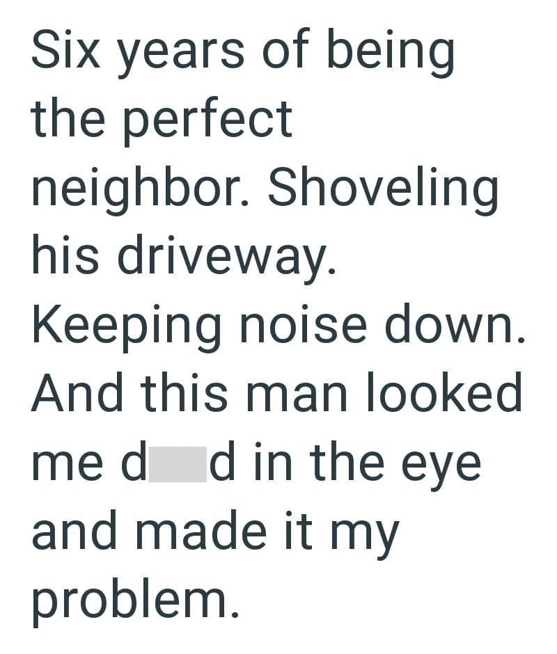 Six years of being the perfect neighbor. Shoveling his driveway. Keeping noise down. And this man looked me d d in the eye and made it my problem.