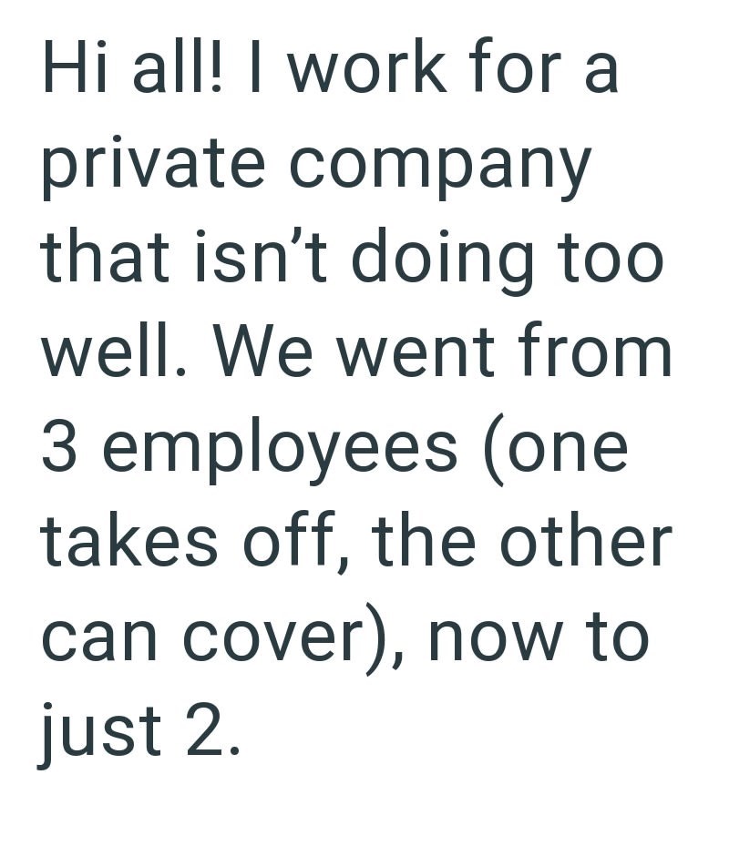 Hi all! I work for a private company that isn't doing too well. We went from 3 employees (one takes off, the other can cover), now to just 2.