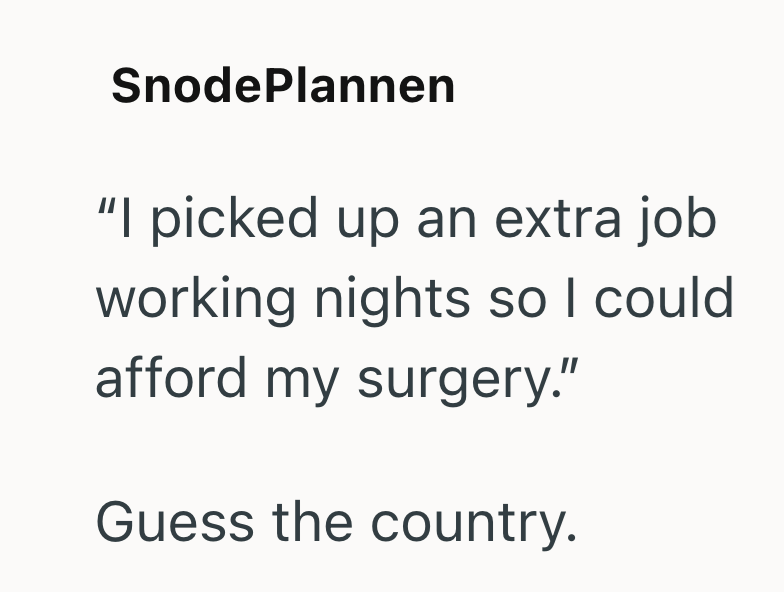 SnodePlannen "I picked up an extra job working nights so I could afford my surgery." Guess the country.