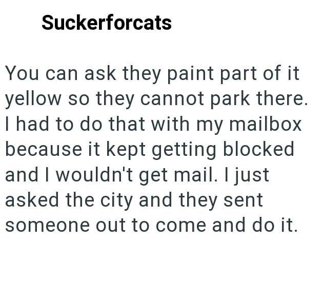 Suckerforcats You can ask they paint part of it yellow so they cannot park there. I had to do that with my mailbox because it kept getting blocked and I wouldn't get mail. I just asked the city and they sent someone out to come and do it.