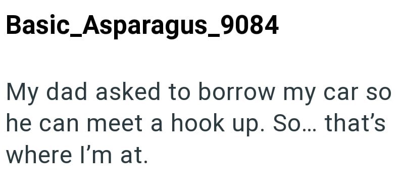 Basic_Asparagus_9084 My dad asked to borrow my car so he can meet a hook up. So... that's where I'm at.