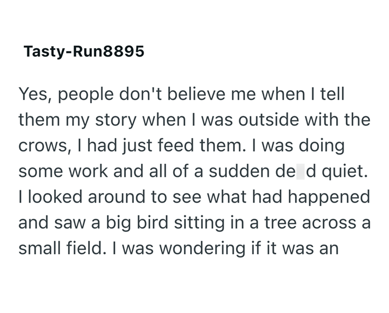 Tasty-Run8895 Yes, people don't believe me when I tell them my story when I was outside with the crows, I had just feed them. I was doing some work and all of a sudden de d quiet. I looked around to see what had happened and saw a big bird sitting in a tree across a small field. I was wondering if it was an