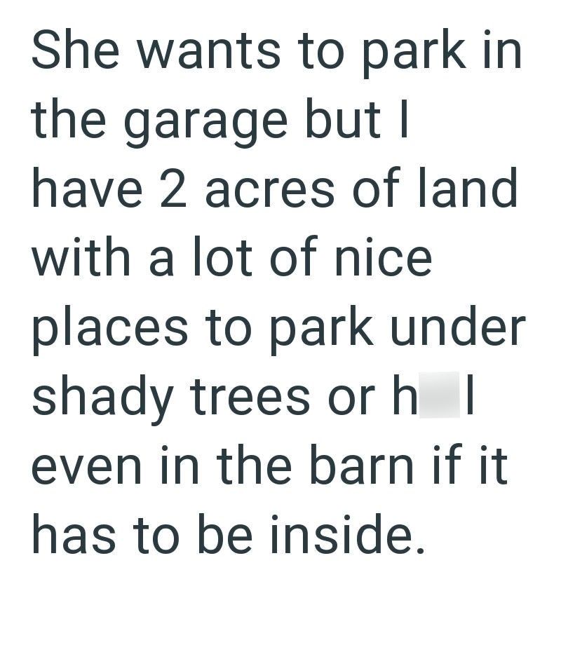 She wants to park in the garage but I have 2 acres of land with a lot of nice places to park under shady trees or h I even in the barn if it has to be inside.
