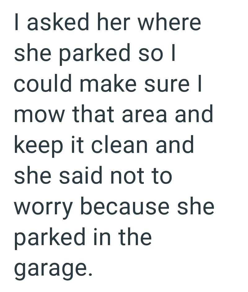 I asked her where she parked so I could make sure I mow that area and keep it clean and she said not to worry because she parked in the garage.