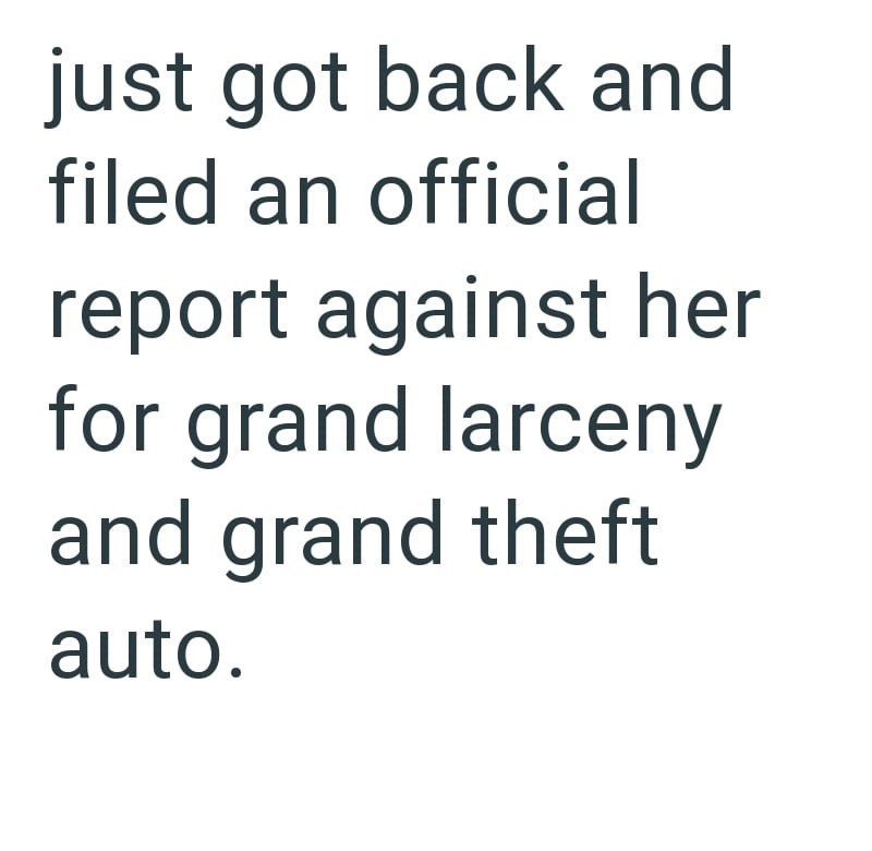 just got back and filed an official report against her for grand larceny and grand theft auto.