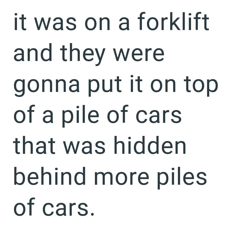 it was on a forklift and they were gonna put it on top of a pile of cars that was hidden behind more piles of cars.