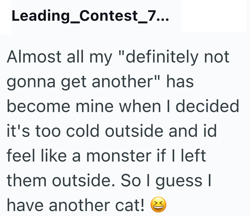 Leading_Contest_7... Almost all my "definitely not gonna get another" has become mine when I decided it's too cold outside and id feel like a monster if I left them outside. So I guess I have another cat!