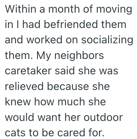 Within a month of moving in I had befriended them and worked on socializing them. My neighbors caretaker said she was relieved because she knew how much she would want her outdoor cats to be cared for.