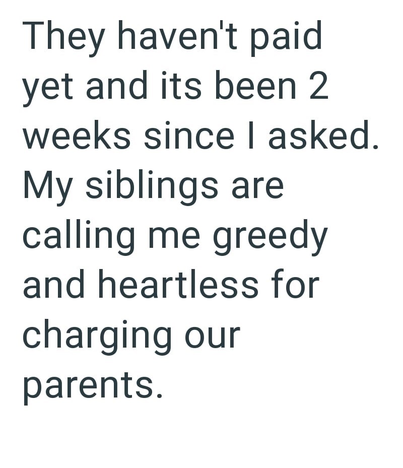 They haven't paid yet and its been 2 weeks since I asked. My siblings are calling me greedy and heartless for charging our parents.