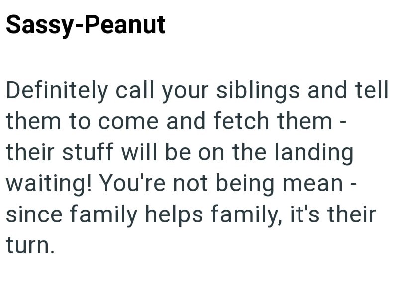 Sassy-Peanut Definitely call your siblings and tell them to come and fetch them - their stuff will be on the landing waiting! You're not being mean - since family helps family, it's their turn.