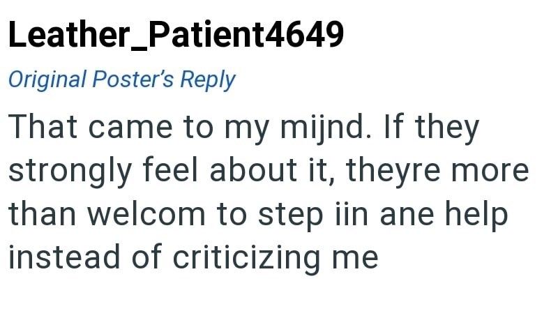 Leather_Patient4649 Original Poster's Reply That came to my mijnd. If they strongly feel about it, theyre more than welcom to step in ane help instead of criticizing me