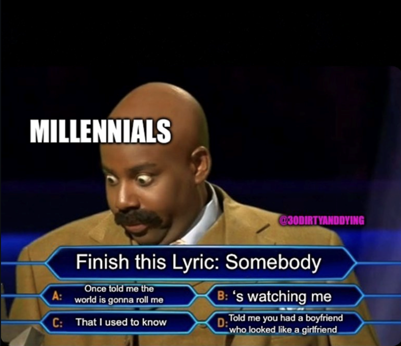 MILLENNIALS @30DIRTYANDDYING Finish this Lyric: Somebody Once told me the A: world is gonna roll me C: That I used to know B: 's watching me D: Told me you had a boyfriend who looked like a girlfriend