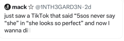 mack @1NTH3GARD3N⚫2d just saw a TikTok that said "5sos never say "she" in "she looks so perfect" and now I wanna di