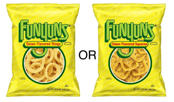 FUNIONS Onion Flavored Rings OR FUNIONS Onion Flavored Squares До До NET WT. 15% 02 (446.5 g) NET WT. 15 % 02 (446.5 g