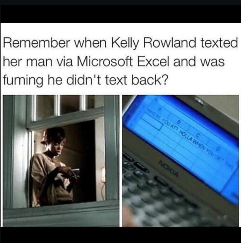 Remember when Kelly Rowland texted her man via Microsoft Excel and was fuming he didn't text back? C WHERE YOU AT HOLLA WHEN YOU B NOKIA