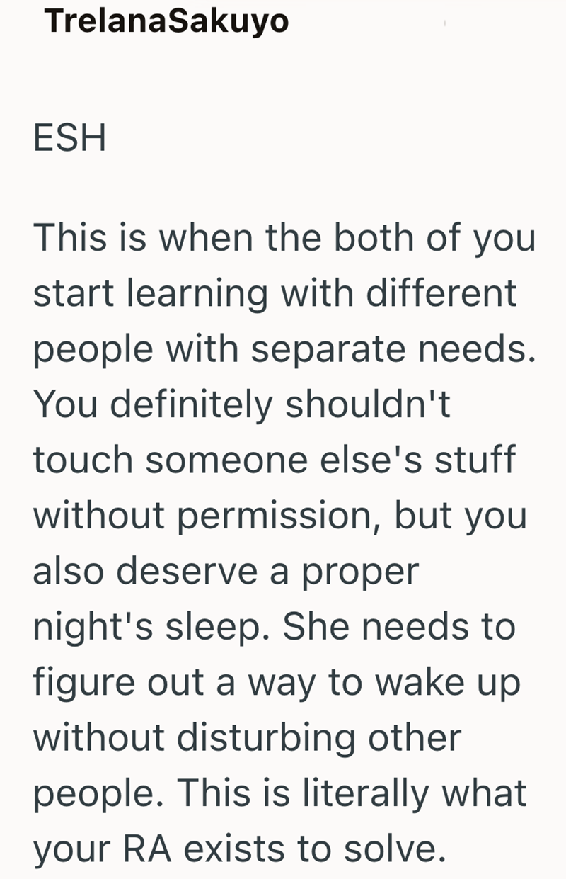 TrelanaSakuyo ESH This is when the both of you start learning with different people with separate needs. You definitely shouldn't touch someone else's stuff without permission, but you also deserve a proper night's sleep. She needs to figure out a way to wake up without disturbing other people. This is literally what your RA exists to solve.