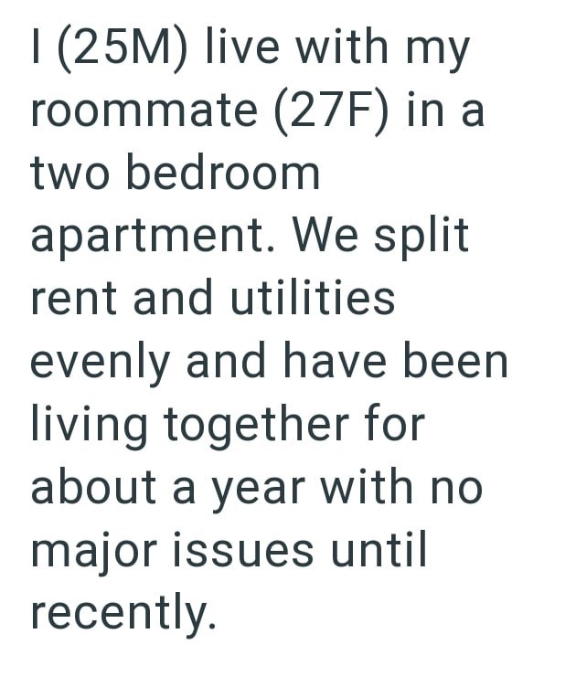 I (25M) live with my roommate (27F) in a two bedroom apartment. We split rent and utilities evenly and have been living together for about a year with no major issues until recently.