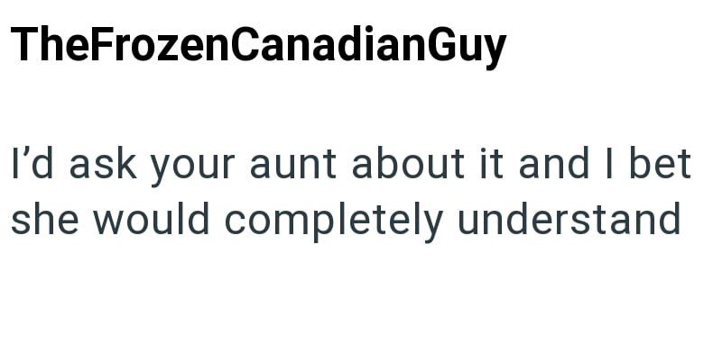 TheFrozenCanadianGuy I'd ask your aunt about it and I bet she would completely understand
