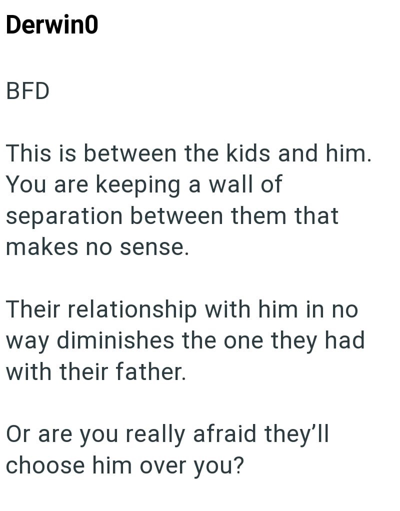 Derwin0 BFD This is between the kids and him. You are keeping a wall of separation between them that makes no sense. Their relationship with him in no way diminishes the one they had with their father. Or are you really afraid they'll choose him over you?