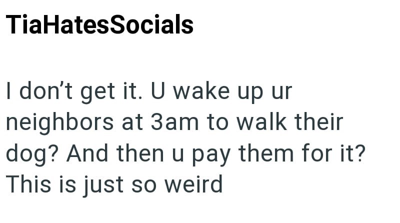 TiaHatesSocials I don't get it. U wake up ur neighbors at 3am to walk their dog? And then u pay them for it? This is just so weird
