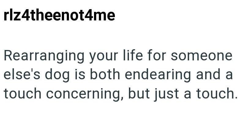 rlz4theenot4me Rearranging your life for someone else's dog is both endearing and a touch concerning, but just a touch.