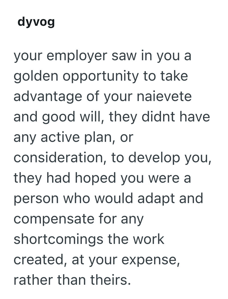 dyvog your employer saw in you a golden opportunity to take advantage of your naievete and good will, they didnt have any active plan, or consideration, to develop you, they had hoped you were a person who would adapt and compensate for any shortcomings the work created, at your expense, rather than theirs.