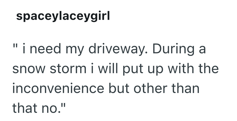 spaceylaceygirl "i need my driveway. During a snow storm i will put up with the inconvenience but other than that no."
